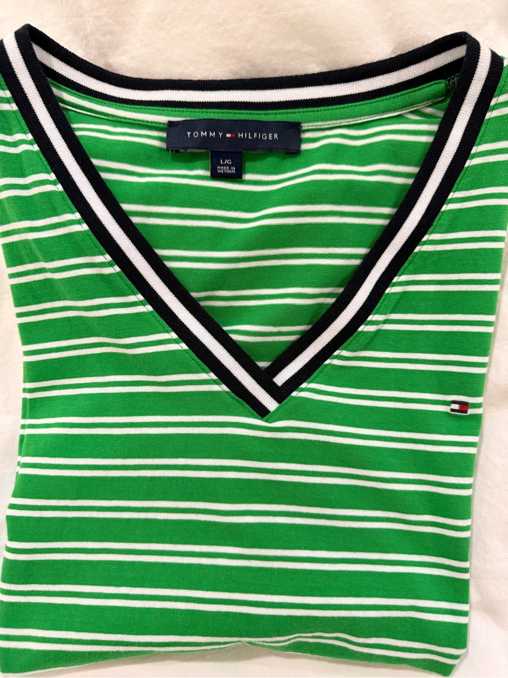 Tommy Hilfiger Green Navy & White Striped V-Neck Tee